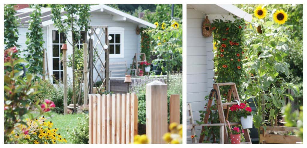 Karibu Gartenhaus in hellgrau-weißem Anstrich