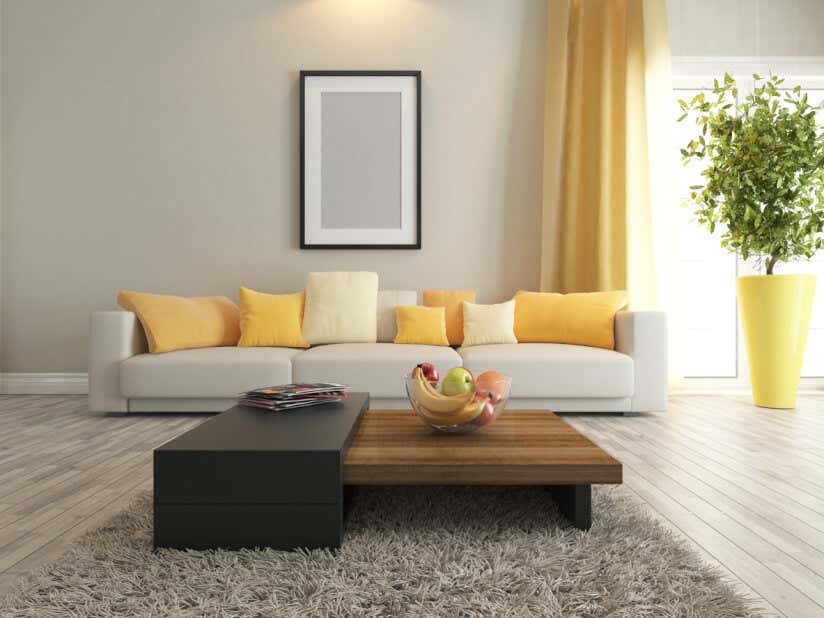 Graues Sofa mit gelben Akzenten