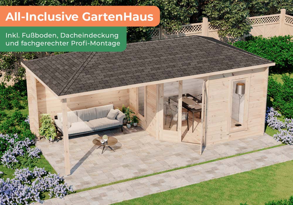 All-Inclusive 5-Eck GartenHaus mit Terrasse inkl. Montage